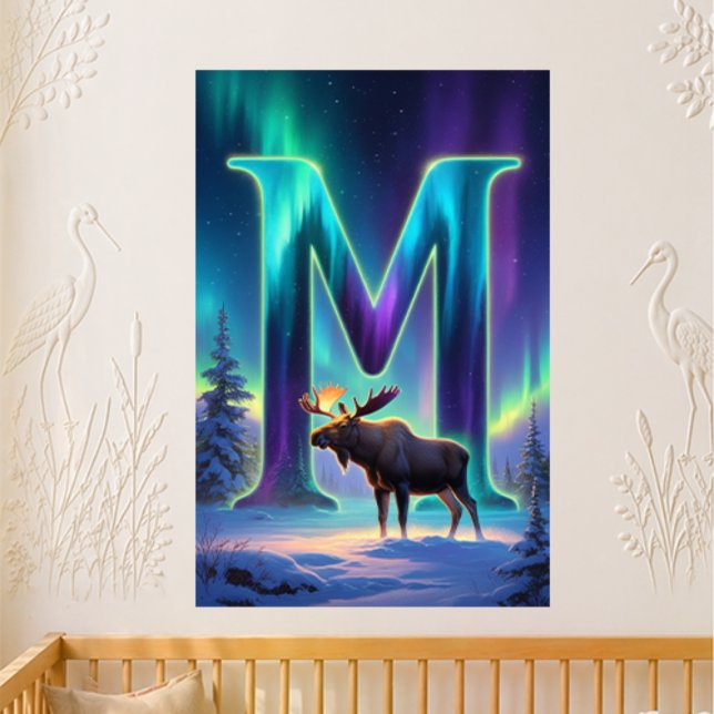 Nursery Letter M Name Northern Lights Moose Poster (Creator Uploaded)