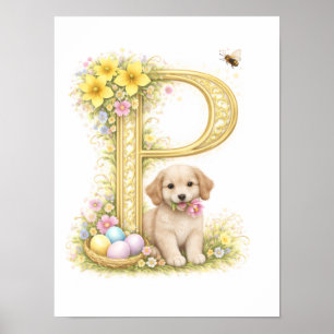 Nursery Letter P Baby Puppy Initial Gold Floral Poster