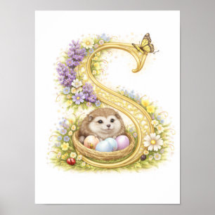 Nursery Letter S Baby Hedgehog Initial Gold Floral Poster