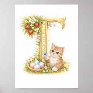Nursery Letter T Baby Kitten Initial Gold Floral Poster