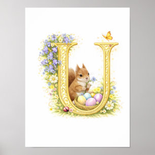 Nursery Letter U Baby Chipmunk Initial Gold Floral Poster