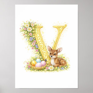 Nursery Letter V Baby Fawn Initial Gold Floral Poster