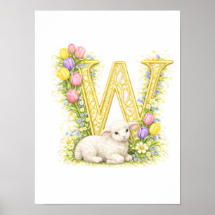 Nursery Letter W Baby Lamb Initial Gold Floral Poster