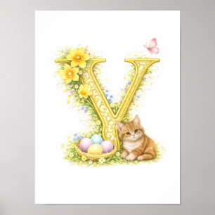 Nursery Letter Y Baby Kitten Initial Gold Floral Poster