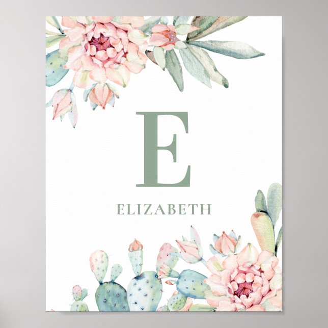 Nursery Monogram | Floral Cactus Baby Shower Poster (Front)