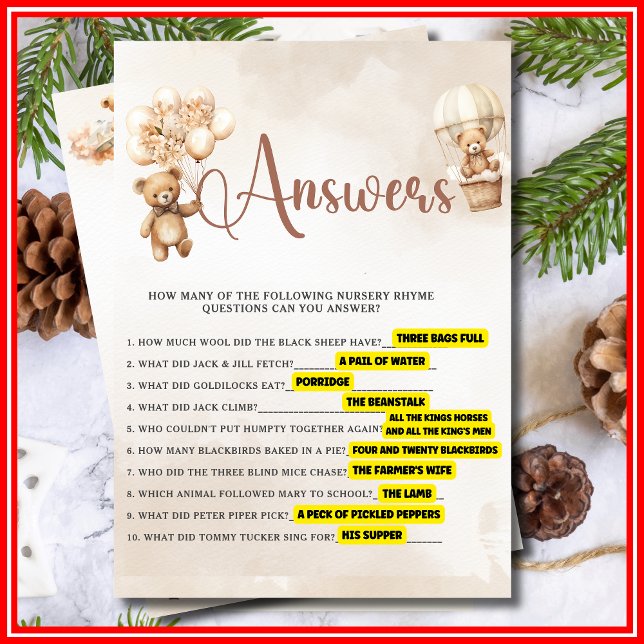 NURSERY RHYME QUIZ Baby Shower Game Cute Bear Invitation (Creator Uploaded)