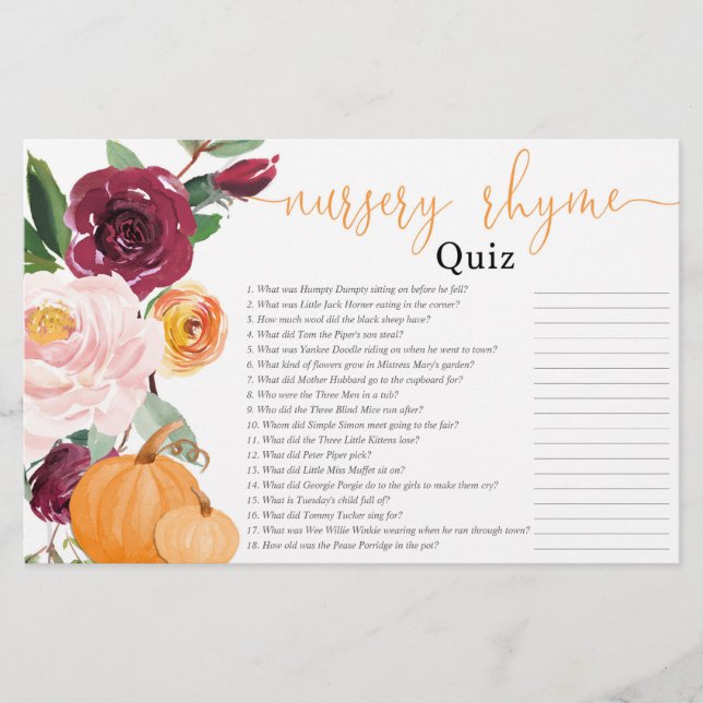 Nursery rhyme quiz fall floral pumpkin baby shower (Front)