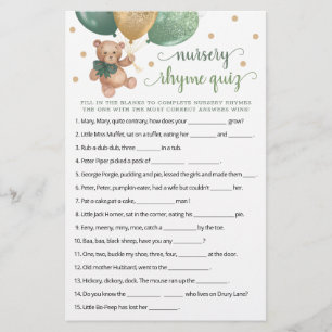 Nursery Rhyme Quiz Game Baby Shower Teddy Bear 