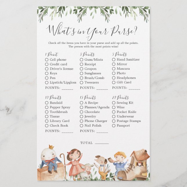 Nursery Rhymes Baby Shower What's in Your Purse (Front)