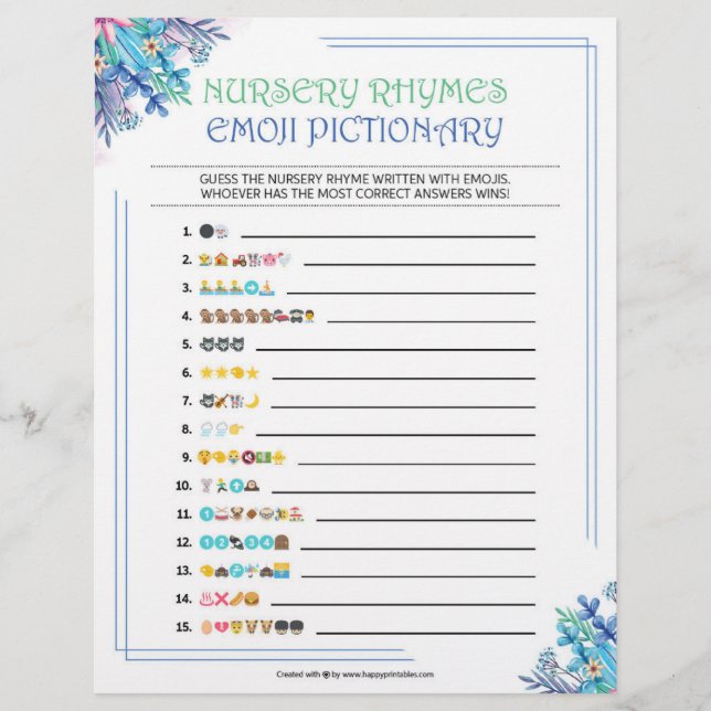 Nursery Rhymes Emoji Pictionary [Blue Floral] Custom Letterhead (Front)