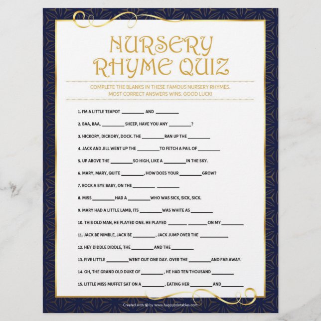 Nursery Rhymes Quiz [Golden Blue] Custom Letterhead (Front)