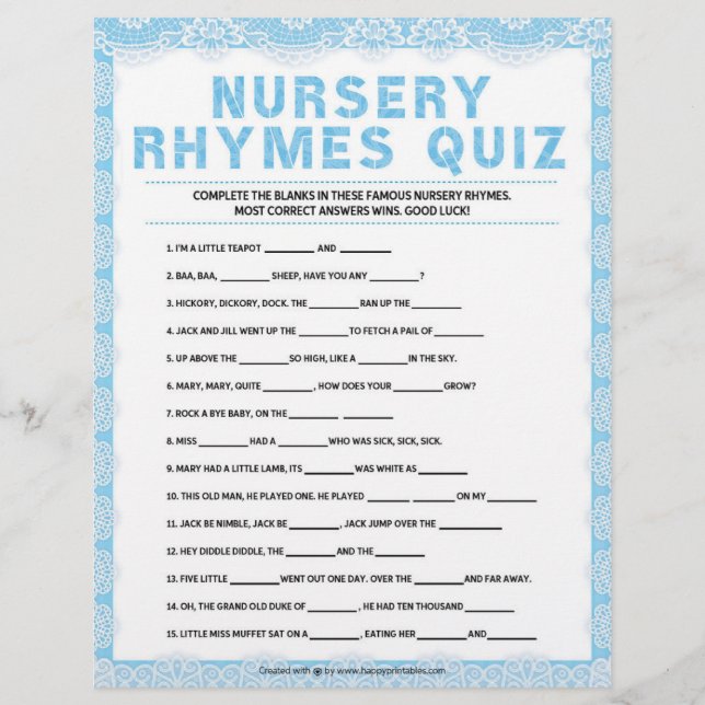 Nursery Rhymes Quiz [Luxury Lace [Blue]] Custom Letterhead (Front)