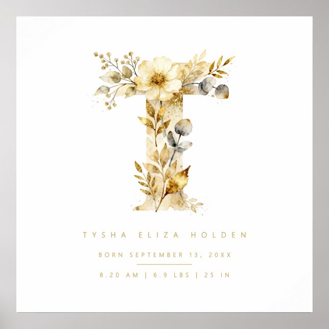 Nursery Romantic Floral T Letter Gold Effect Poster (Front)