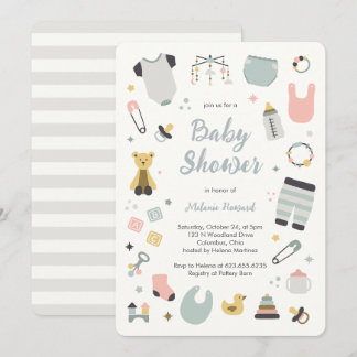 Nursery toys illustrations hand drawn baby shower invitation