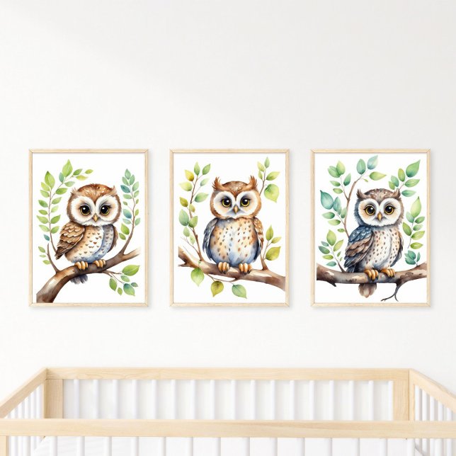 Nursery Wall Art Owls, Gender Neutral Gift Baby (Baby Owl Nursery Prints set of three. Colors are blue, brown and green. Perfect for baby boy nursery)