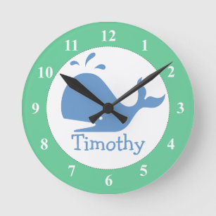 Nursery wall clock with whale print and baby name