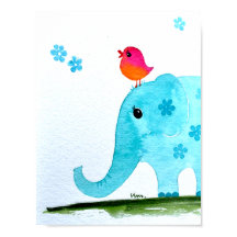 Nursery wallart_ watercolor Elephant and pink bird