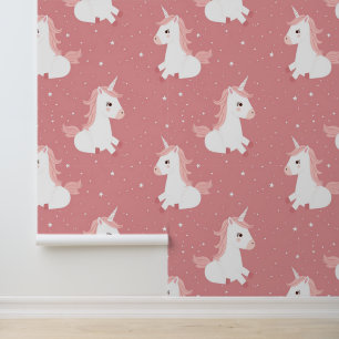 Nursery white unicorn on pink background design wallpaper