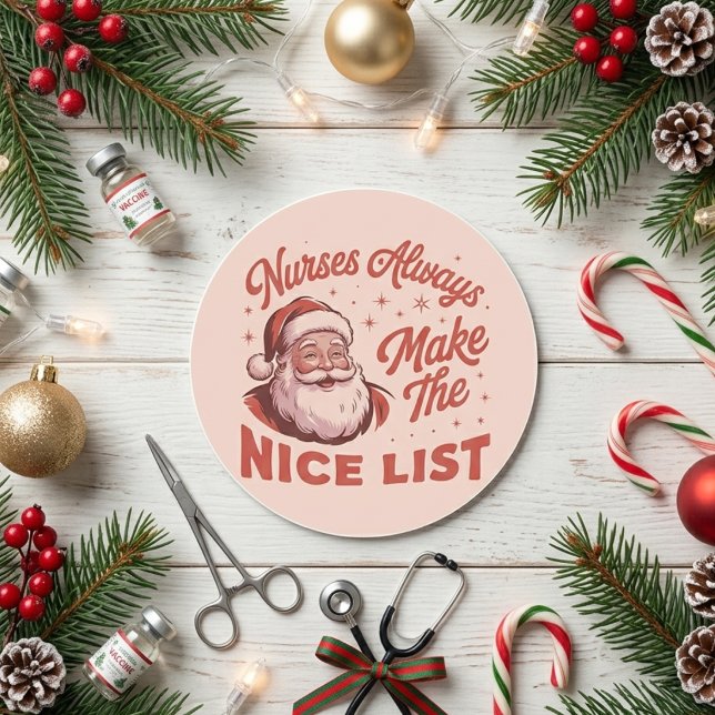 Nurses Always Make the Nice List Retro Santa Classic Round Sticker (Creator Uploaded)