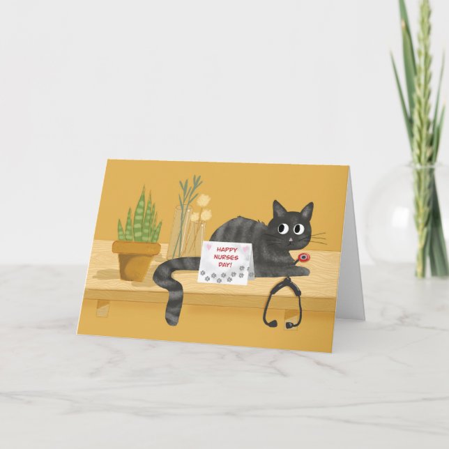 Nurses Day Cat on Table with Stethoscope and Plant Card (Front)