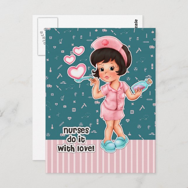 Nurses do it with Love. Cute Brunette Nurse Postcard (Front/Back)