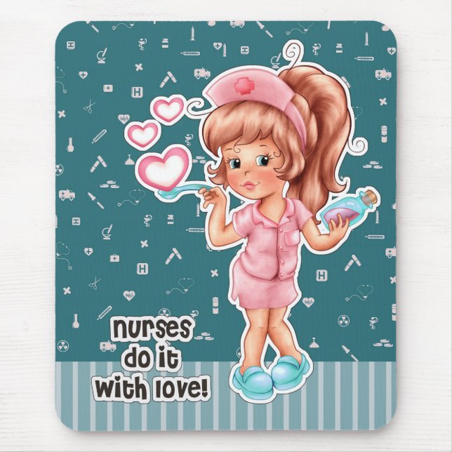 Nurses do it with Love. Cute Nurse Mouse Pad (Front)