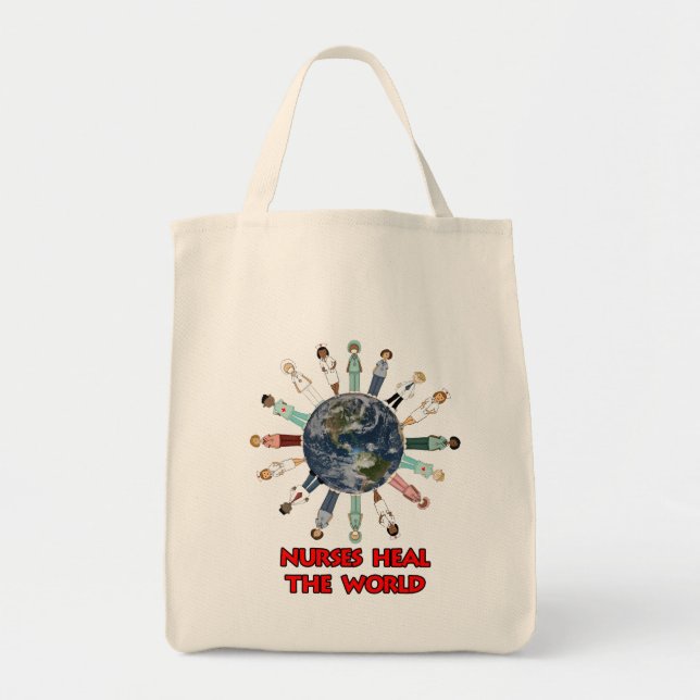 Nurses Heal the World Red Text and Globe Tote Bag (Front)