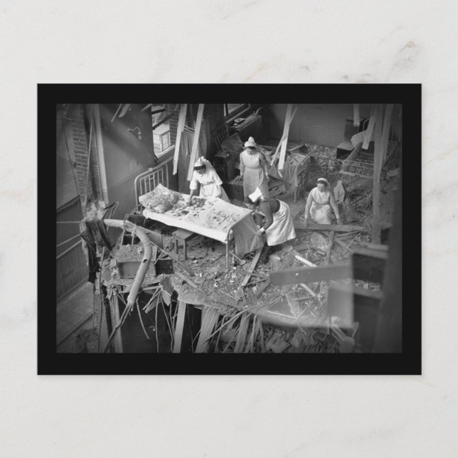 Nurses in Bombed Building WWII Postcard (Front)