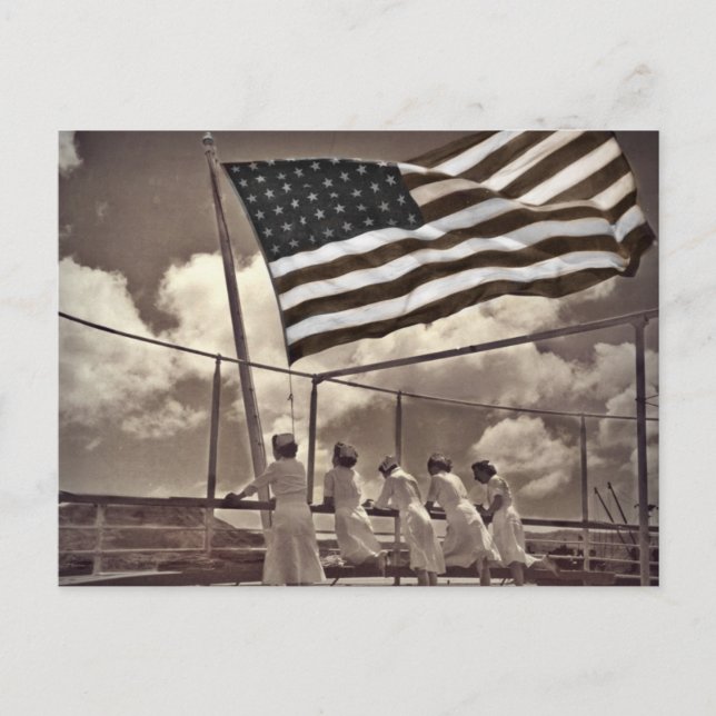 Nurses Looking at an Island 1945 Postcard (Front)