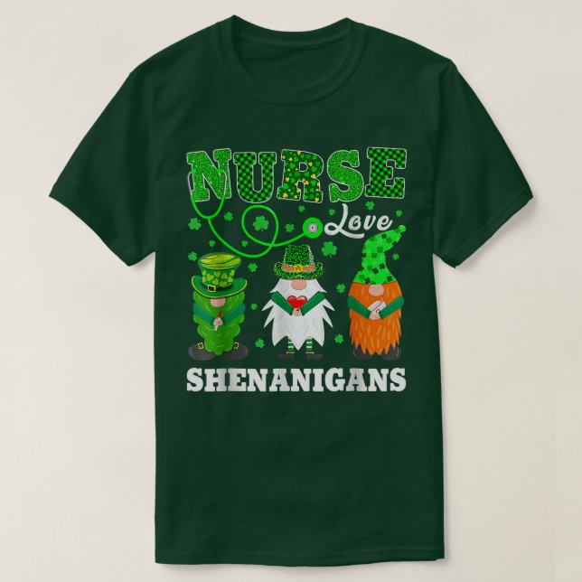 Nurses Love Shenanigans Funny Gnomes Nurse St Patr T-Shirt (Design Front)