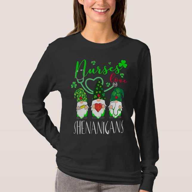 Nurses Love Shenanigans Funny Gnomes Nurse St Patr T-Shirt (Front)