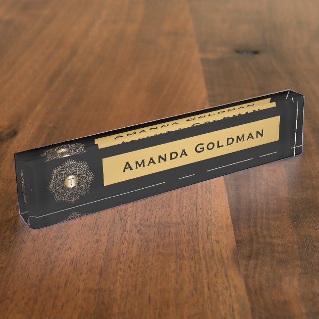 Nurses RN LPN Nursing Monogram Black Gold Caduceus Nameplate (Side)