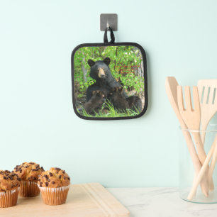 Nursing Black Bear and Twin Cubs Pot Holder
