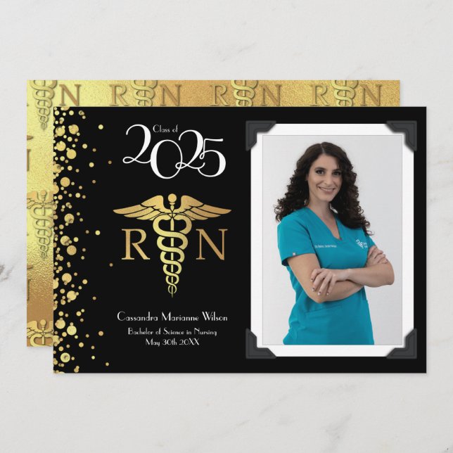 Nursing Gold Graduation Announcement Black (Front/Back)