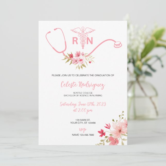 Nursing Graduation Invitation Pink Flowers (Standing Front)