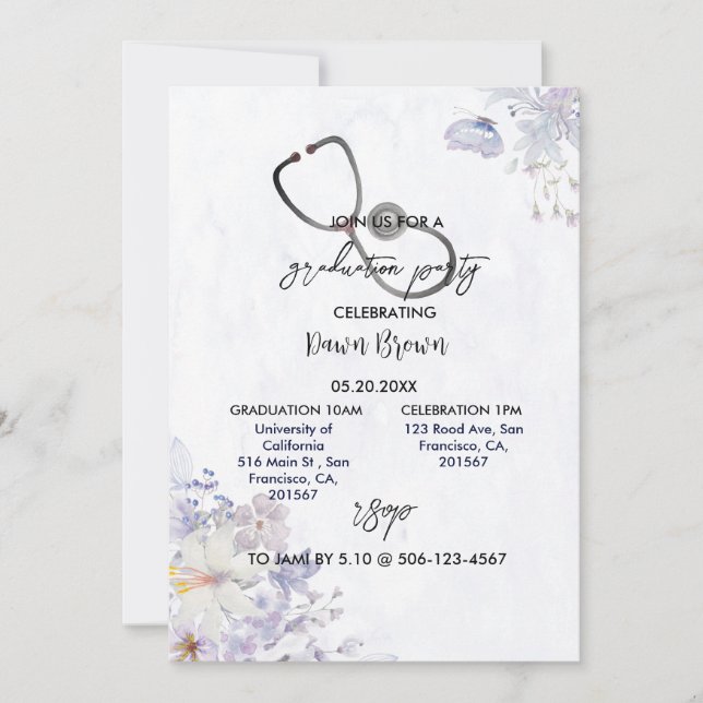 Nursing Graduation Party Watercolor Purple Floral  Invitation (Front)