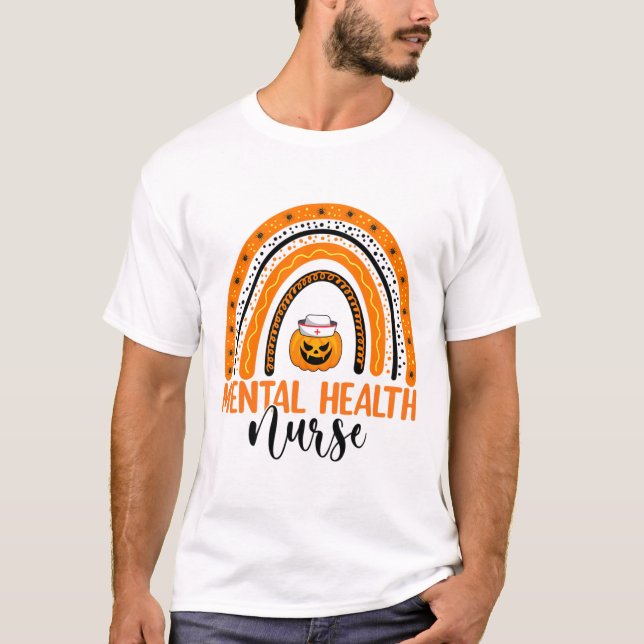 Nursing Halloween Pumpkin Rainbow Mental Health Nu T-Shirt (Front)