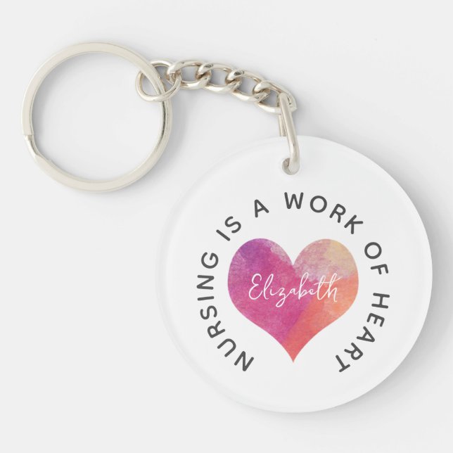 Nursing Pink Watercolor Heart Personalised Key Ring (Front)