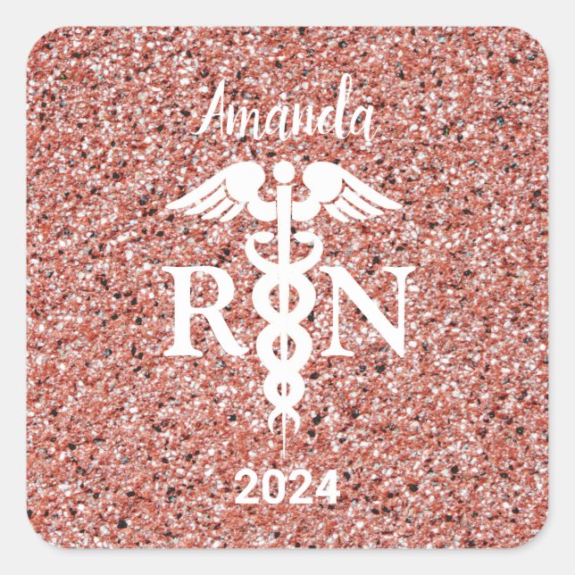 Nursing RN Graduation Pink Glitter Personalised Square Sticker (Front)