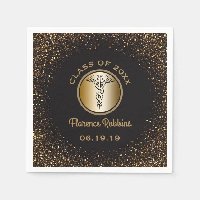 Nursing School Graduation Black Gold Caduceus Napkin (Front)