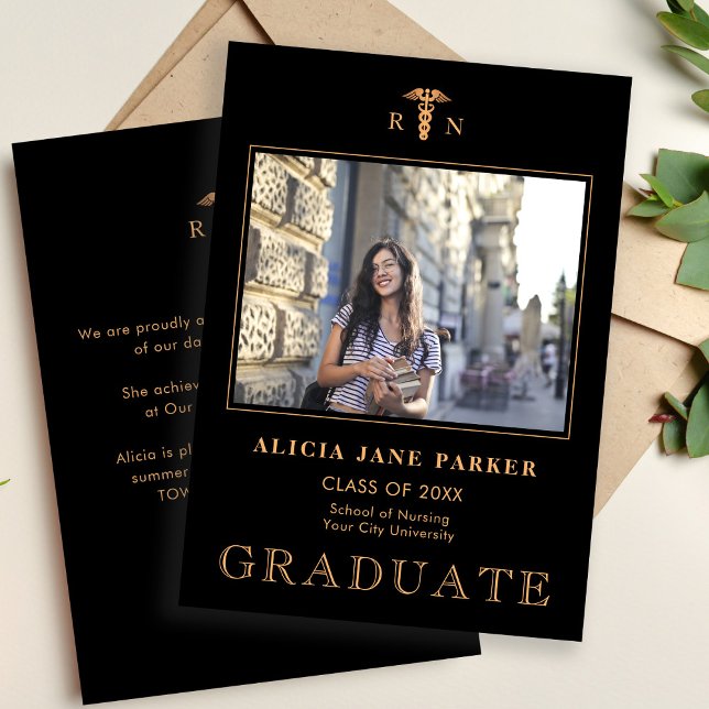 Nursing school graduation black gold photo announcement (Creator Uploaded)