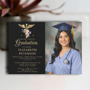 Nursing School Graduation Caduceum Roses Black Invitation