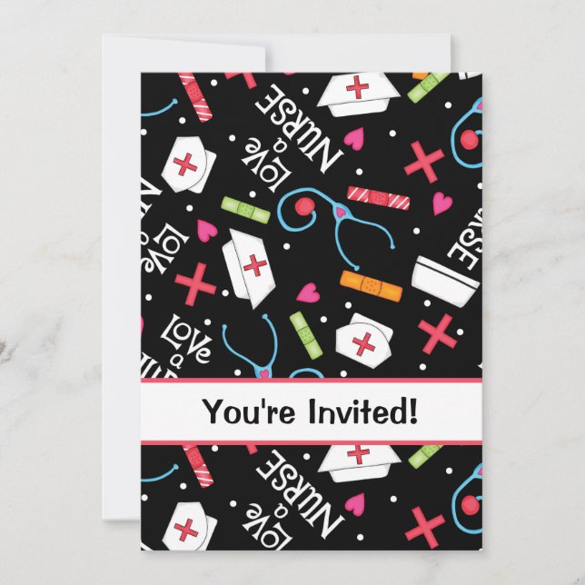 Nursing School Graduation Celebration Black White Invitation (Front)
