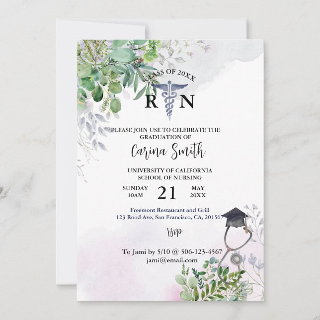 Nursing School Graduation Floral Purple Botanical Invitation (Front)