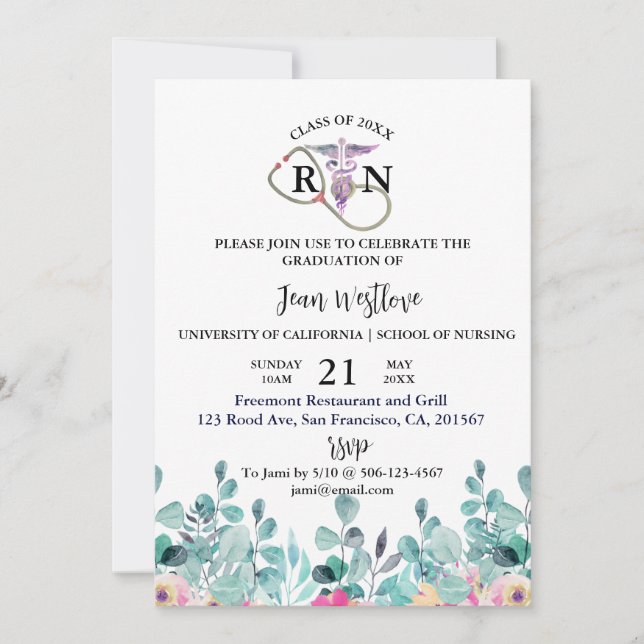 Nursing School Graduation Floral Spring Invitation (Front)
