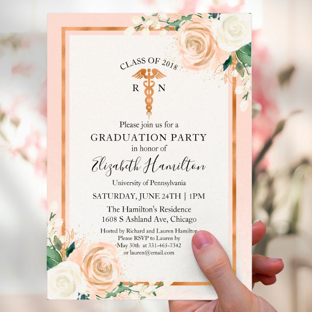 Nursing School Graduation Party Photo Blush Floral Invitation (Creator Uploaded)