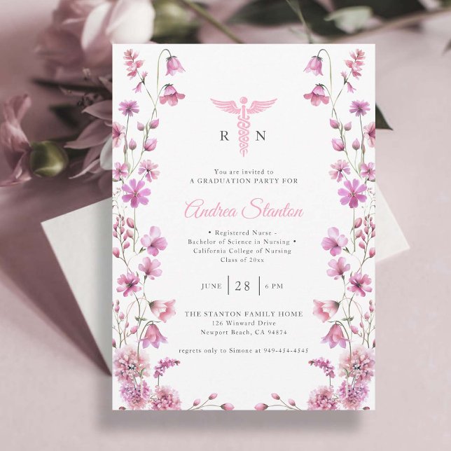Nursing School Graduation Pink Caduceum Wildflower Invitation (nursing school graduation pink caduceum wildflowers frame contemporary minimalist modern classy )