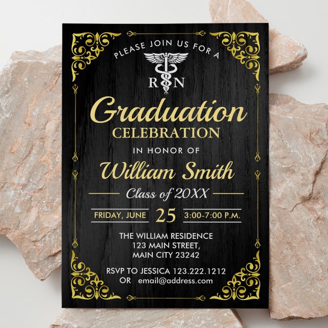Nursing School Simple Golden Graduation With Photo Invitation (Creator Uploaded)