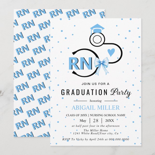 Nursing shool stethoscope blue RN graduation Invit Invitation (Front/Back)