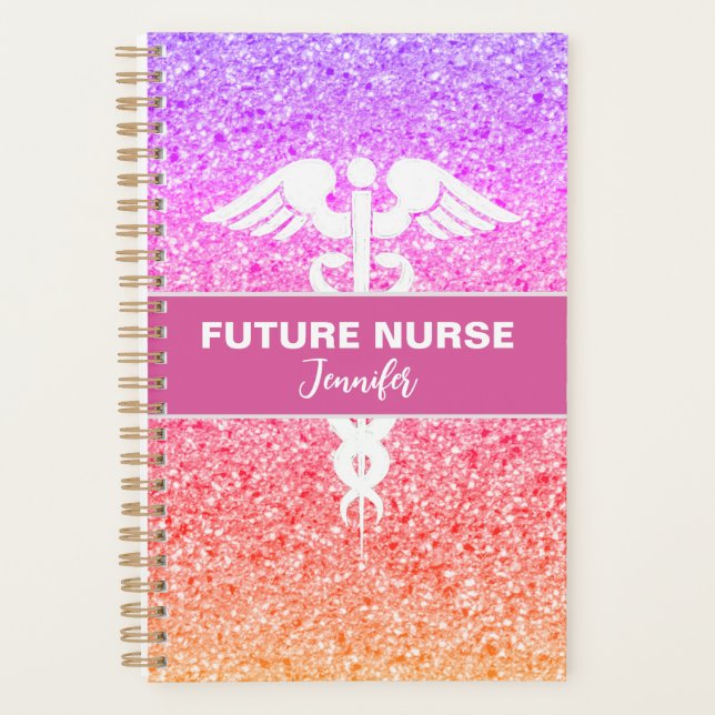 Nursing Student Caduceus Rainbow Glitter Name Planner (Front)